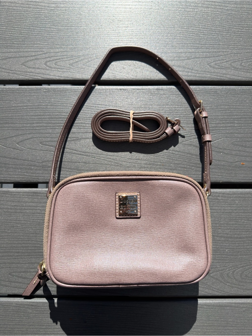 Dooney & Bourke Double Pocket Taupe Saffiano Camera Crossbody Bag Classic Design